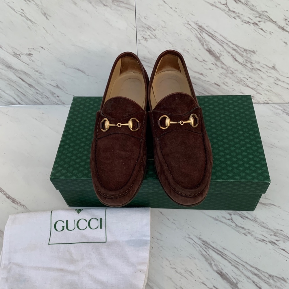 Gucci Suola Cuoio Brown Suede Loafers Sz 7